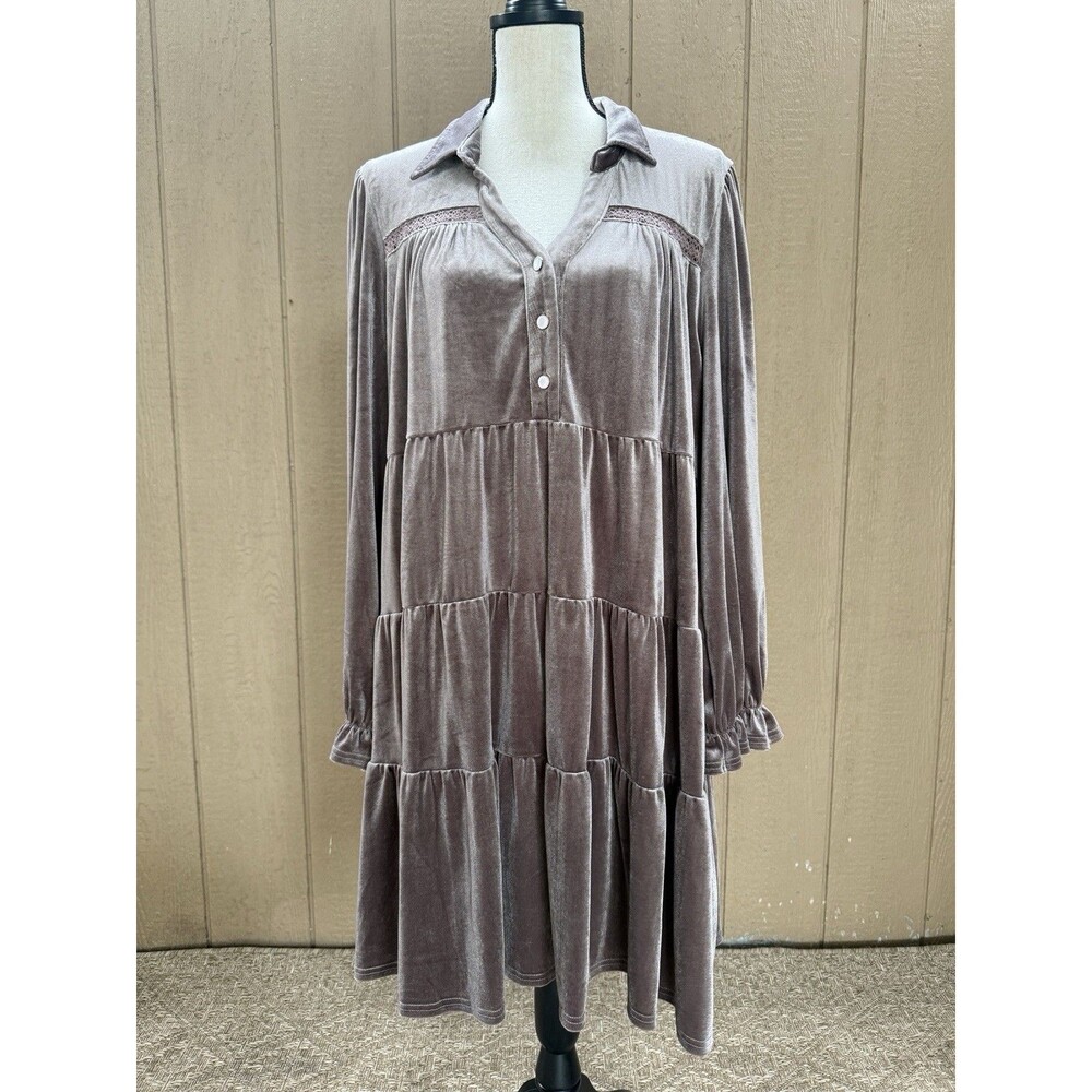 Umgee Plus Size 2XL Velvet Tiered Button Down Dress Boho Holiday Mauve NWT.